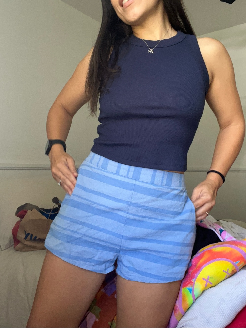 Free People Women’s Beach Blue Striped Casual Cotton High-Waist Shorts